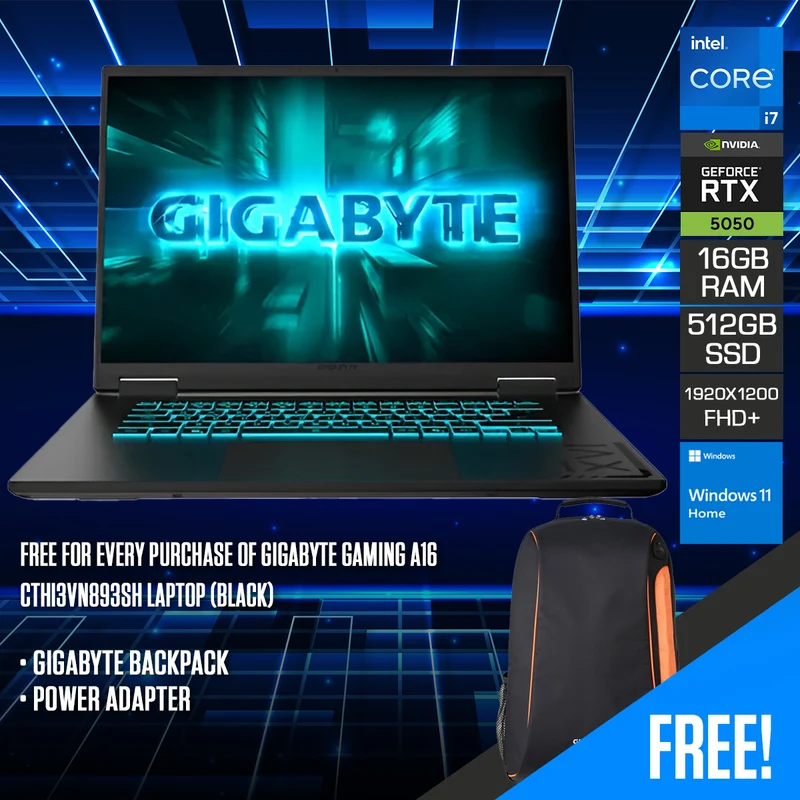 Gigabyte Gaming A16 CTHI3VN893SH Laptop (Black) | 16" FHD+ (1920x1200) 165Hz IPS | Core i7-13620H | 16GB RAM | 512GB SSD | RTX 5050 | Windows 11 Home | Gigabyte Backpack + Power Adapter