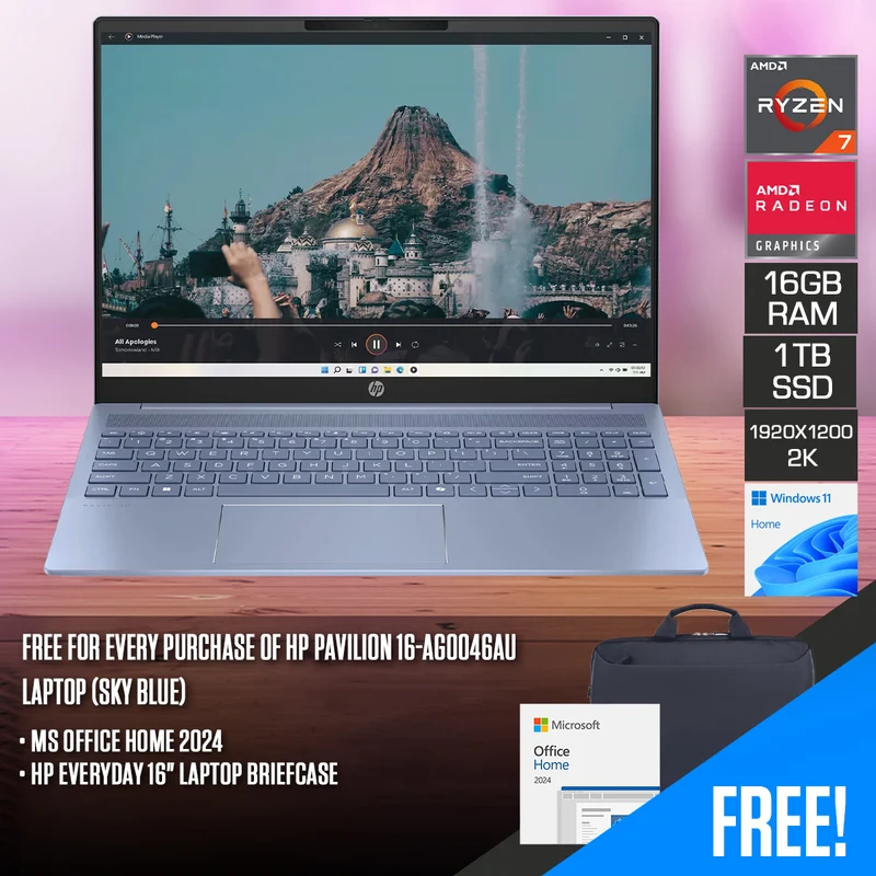 HP Pavilion 16-AG0046AU Laptop (Sky Blue) | 16" 2K (1920x1200) IPS | Ryzen 7 8840U | 16GB RAM | 1TB SSD | AMD Radeon Graphics | Windows 11 Home | MS Office Home 2024 + HP Everyday 16" Laptop Briefcase