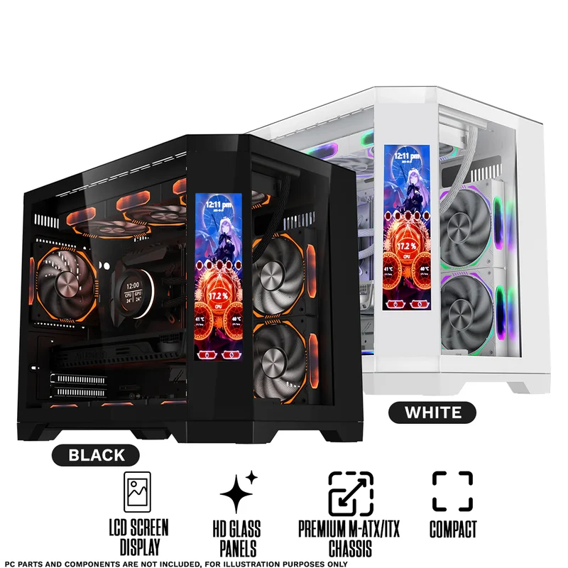 Coolman Spectra M-ATX/ITX PC Case with Customizable LCD Screen Display (Black, White)
