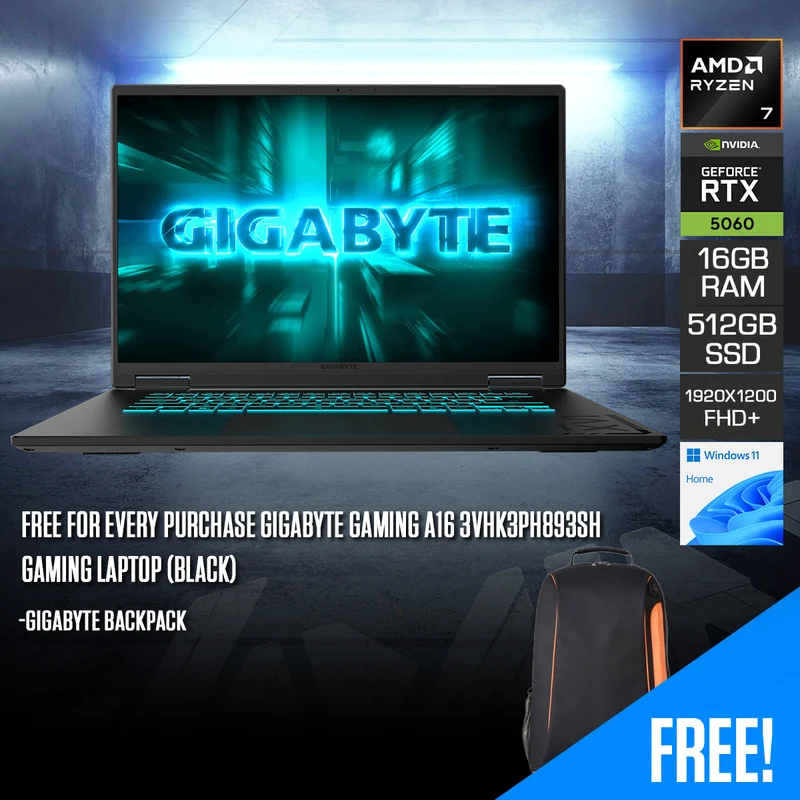 Gigabyte Gaming A16 3VHK3PH893SH Gaming Laptop (Black) | 16" FHD+ (1920x1200) 165Hz IPS | Ryzen 7 260 | 16GB RAM | 512GB SSD | RTX 5060 8GB | Windows 11 Home | Gigabyte Backpack