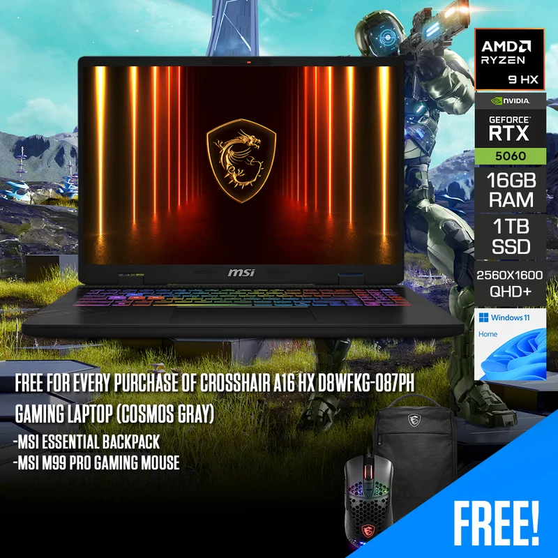 MSI Crosshair A16 HX D8WFKG-087PH Gaming Laptop (Cosmos Gray) | 16" QHD+ (2560x1600) 240Hz IPS | Ryzen 9 8940HX | 16GB RAM | 1TB SSD | RTX 5060 | Windows 11 Home | MSI Essential Backpack + MSI M99 Pro Gaming Mouse
