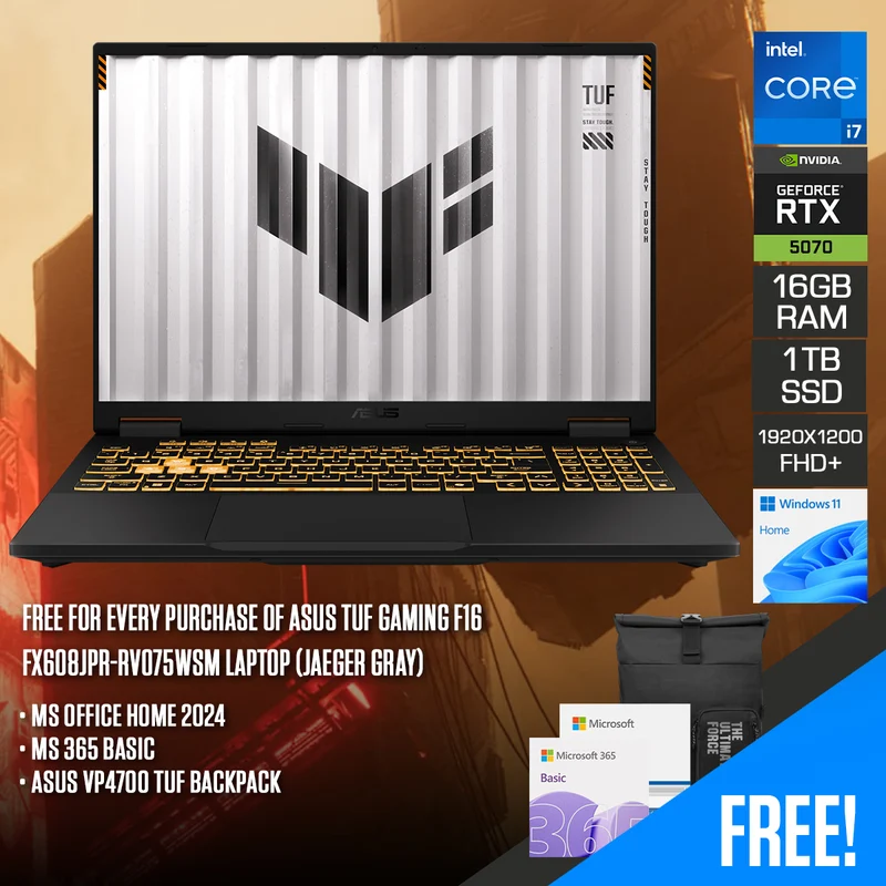 Asus TUF Gaming F16 FX608JPR-RV075WSM Laptop (Jaeger Gray) | 16" FHD+ (1920x1200) 165Hz IPS | Core i7-14650HX | 16GB RAM | 1TB SSD | GeForce RTX 5070 | Windows 11 Home | MS Office Home 2024 + MS 365 Basic + Asus VP4700 TUF Backpack