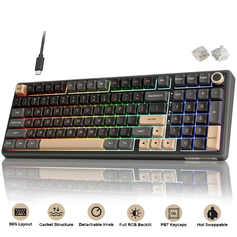 Royal Kludge R98Pro Wired RGB 98 Keys Hot-Swappable Mechanical Keyboard Phantom (Beige Switch, Cream Switch)