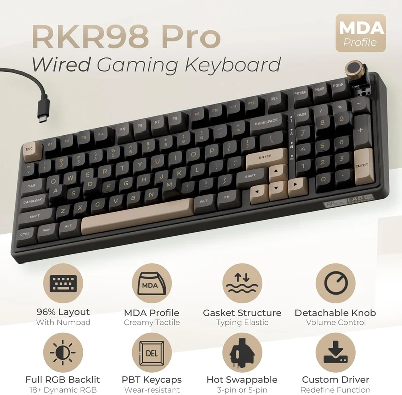 Royal Kludge R98Pro Wired RGB 98 Keys Hot-Swappable Mechanical Keyboard Phantom (Beige Switch, Cream Switch)