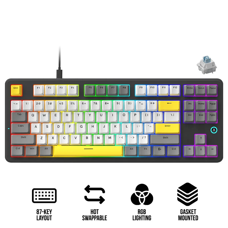 Ajazz AK870 V2 RGB Wired 87-Keys TKL Gasket-mounted Hot Swappable Mechanical Keyboard (Grey/White/Yellow) (Flying Fish Switch)