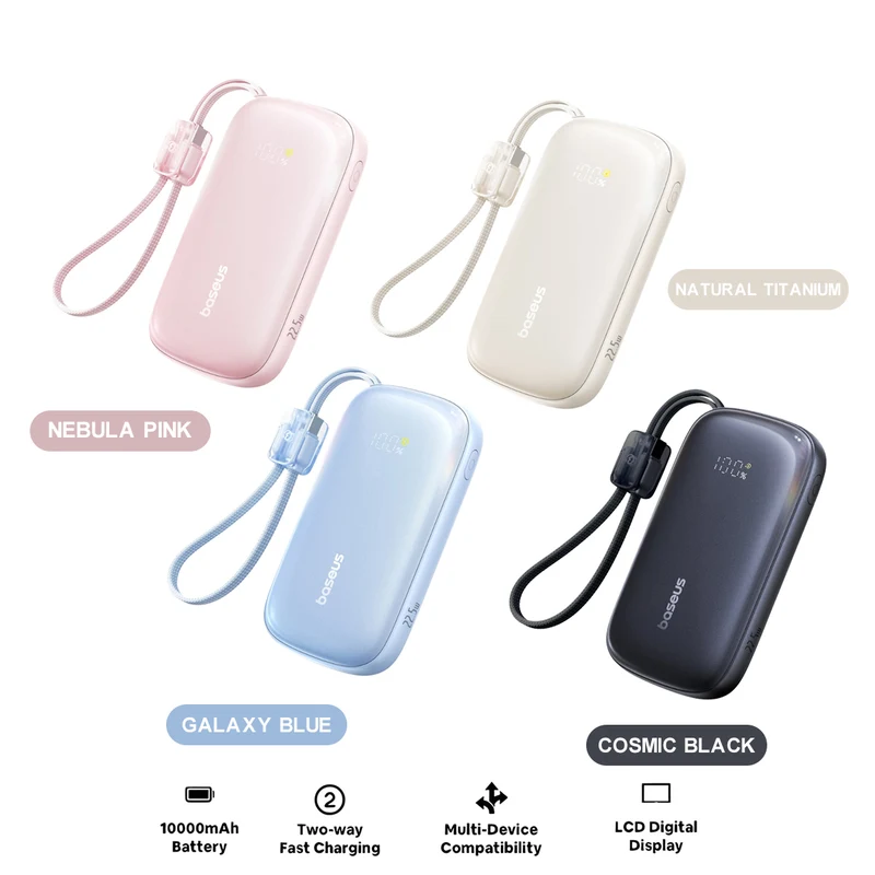 Baseus EnerFill FC21 Qpow 3 Ultra Digital Display Power Bank with Detachable Cable 10000mAh 22.5W (Nebula Pink, Galaxy Blue, Natural Titanium)