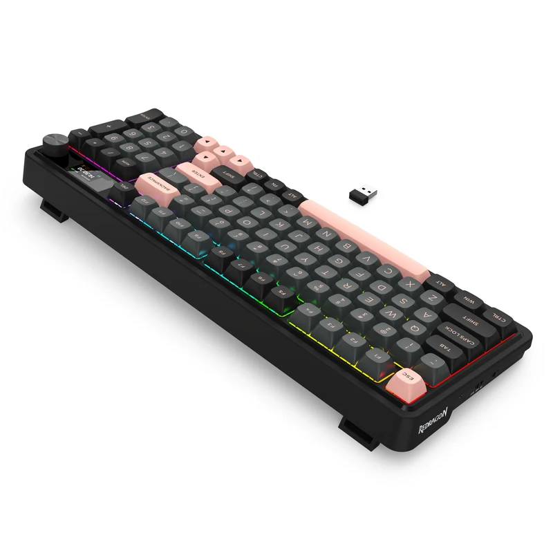 Redragon K719GBP Galatin Pro RGB Tri-Mode with LCD Screen Gasket Mounted Mechanical Keyboard (Manbo L Linear Switch) (Grey/Black/Pink)