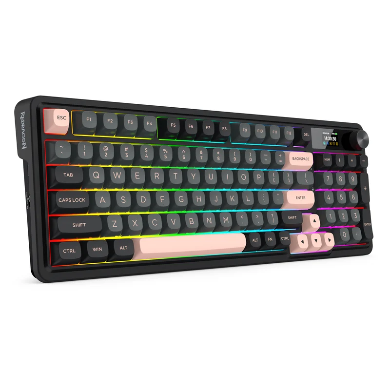 Redragon K719GBP Galatin Pro RGB Tri-Mode with LCD Screen Gasket Mounted Mechanical Keyboard (Manbo L Linear Switch) (Grey/Black/Pink)