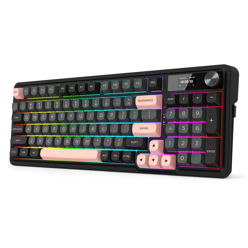Redragon K719GBP Galatin Pro RGB Tri-Mode with LCD Screen Gasket Mounted Mechanical Keyboard (Manbo L Linear Switch) (Grey/Black/Pink)