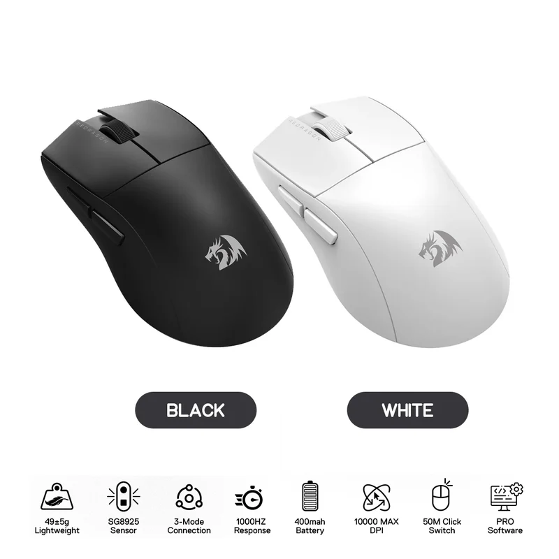 Redragon M916-LIT-1K K1ng Lite 8000DPI Light-Weight Tri-Mode Gaming Mouse (Black, White)