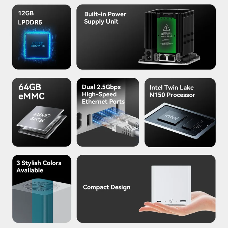 Beelink ME Mini 6-Slot Home Storage NAS Mini PC Intel Twin Lake N150 Processor 12GB RAM 64GB SSD Windows 11 Home (Pearl White)