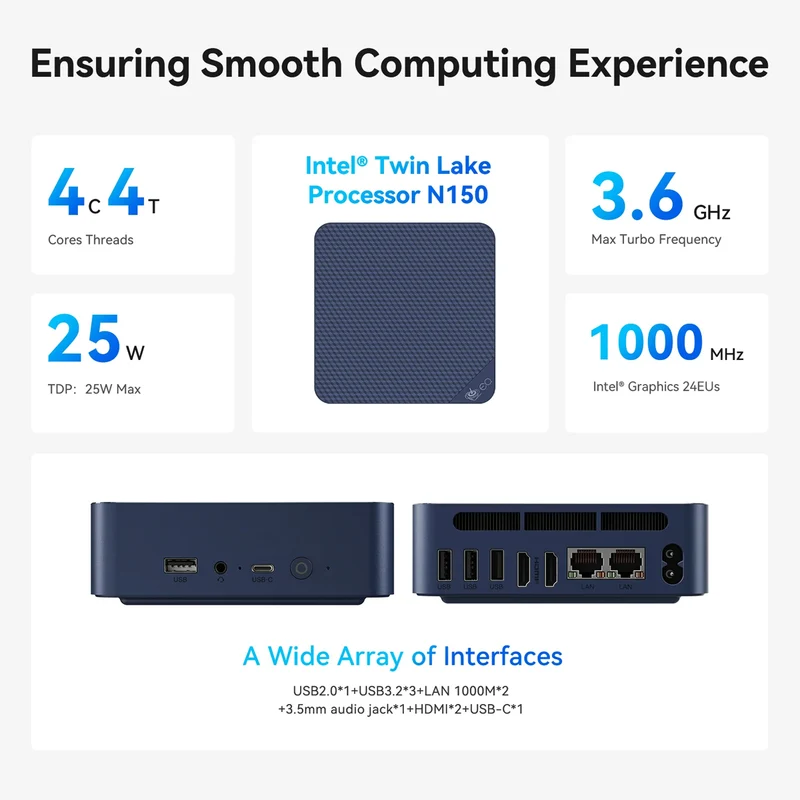 Beelink EQ14-D4 Intel Twin Lake N150 16GB RAM 500GB SSD Windows 11 Home Mini PC (Navy Blue)