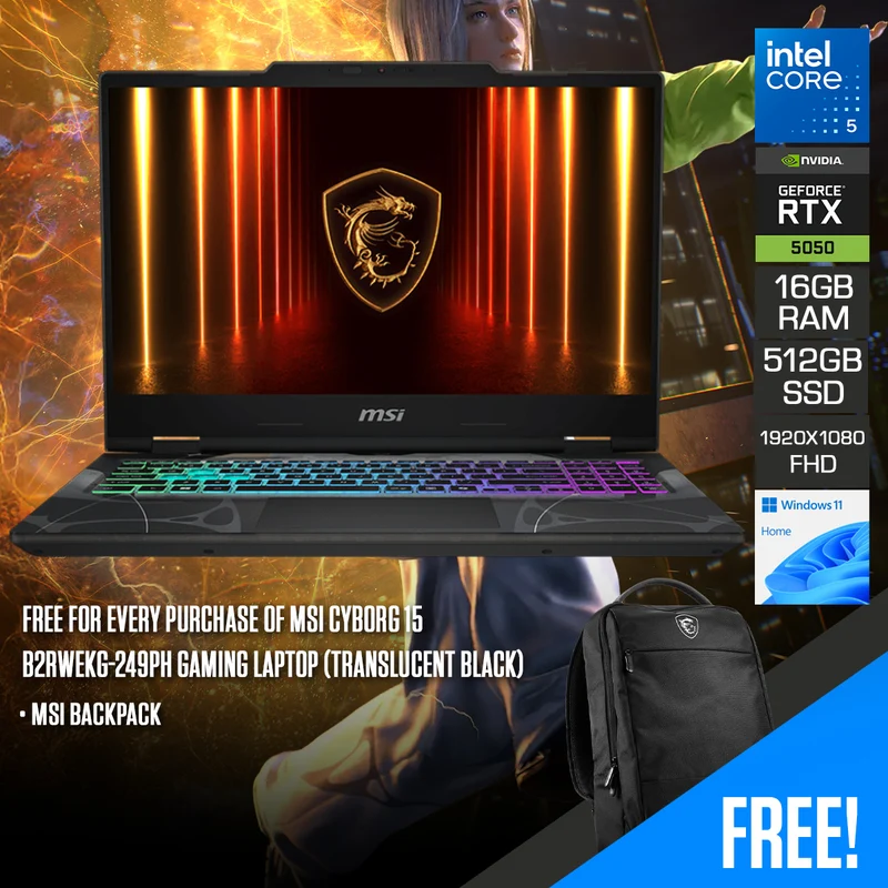 MSI Cyborg 15 B2RWEKG-249PH Gaming Laptop (Translucent Black) | 15.6" FHD (1920x1080) 144Hz IPS | Core 5 210H | 16GB RAM | 512GB SSD | RTX 5050 | Windows 11 Home | MSI Backpack