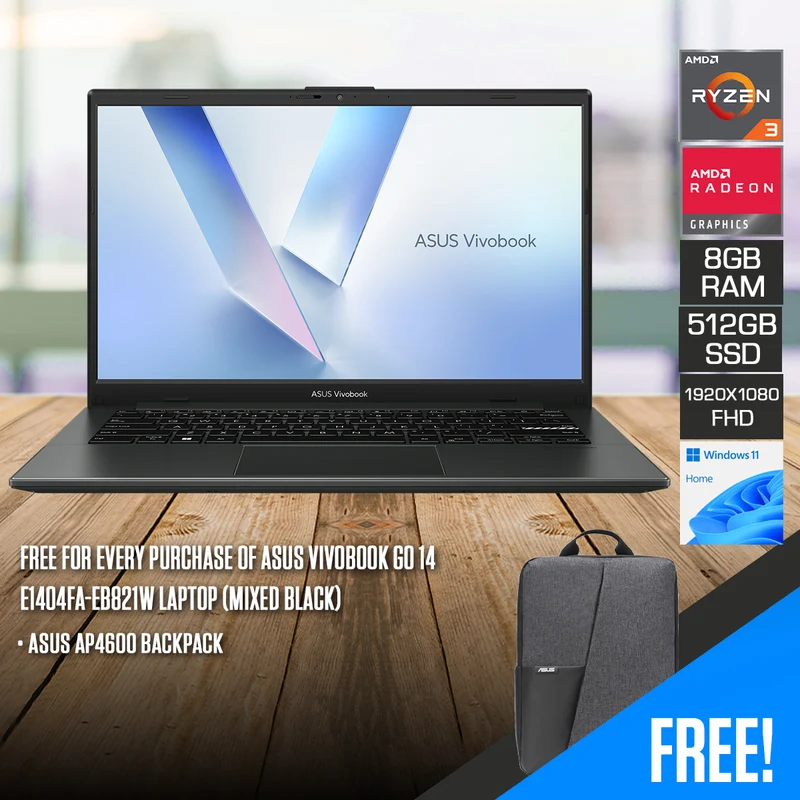 Asus Vivobook Go 14 E1404FA-EB821W Laptop (Mixed Black) | 14" FHD (1920x1080) IPS | Ryzen 3 7320U | 8GB RAM | 512GB SSD | AMD Radeon Graphics | Windows 11 Home | Asus AP4600 Backpack
