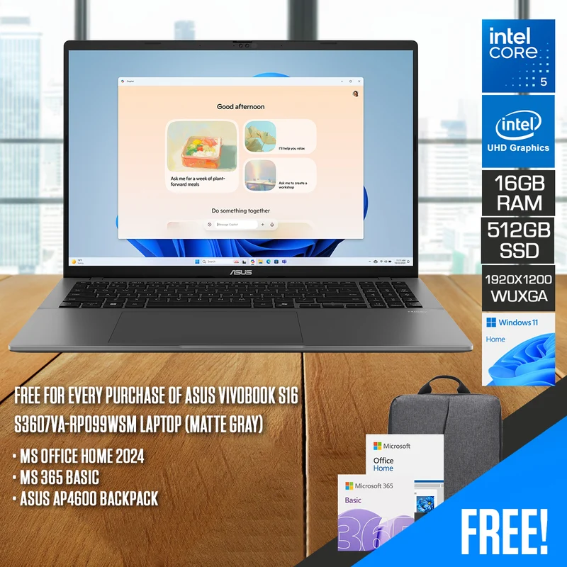 Asus Vivobook S16 S3607VA-RP099WSM Laptop (Matte Gray) | 16" WUXGA (1920x1200) IPS 144Hz | Core 5 210H | 16GB RAM | 512GB SSD | Intel UHD Graphics | Windows 11 Home | MS Office Home 2024 + MS 365 Basic + Asus AP4600 Backpack