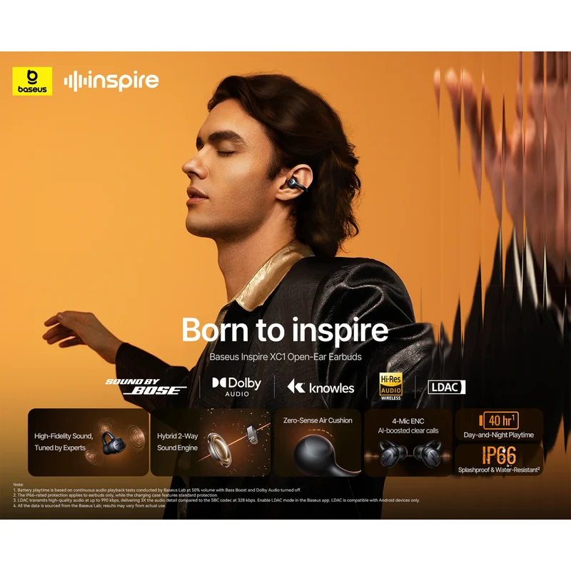 Baseus Inspire XC1 Open-Ear True Wireless Earbuds with Sound by Bose (Cosmic Black, Starlight Off-White)