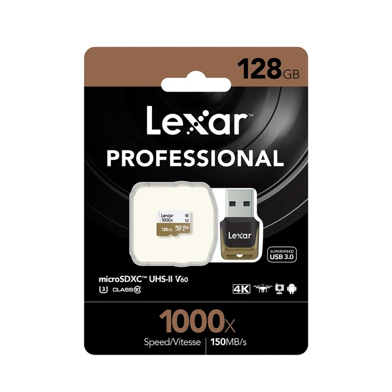 Lexar Professional 1000x microSDXC UHS-II C10 U3 V60 150MB/s Read Memory Card with Reader (128GB, 256GB)
