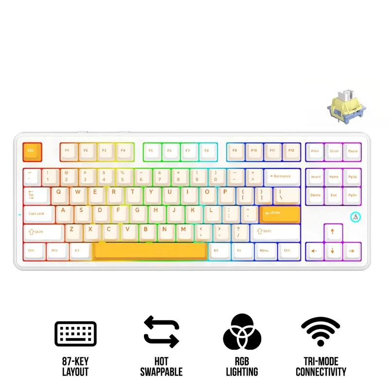 Ajazz AK870 V2 RGB Tri-Mode 87-Keys TKL Gasket-mounted Hot Swappable Mechanical Keyboard (Yellow/White/Dark Yellow) (Day Dream Switch)