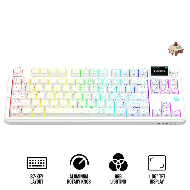 Ajazz AK870 V2 RGB Tri-Mode 87-Keys TKL Gasket-mounted Hot Swappable Mechanical Keyboard (White Contour) (Maillard Switch)