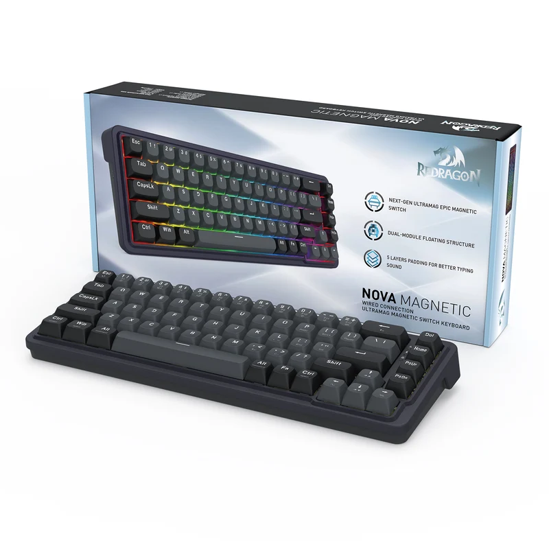 Redragon K709GB Nova Magnetic RGB Hot-Swappable Wired 65% Keyboard with Rapid Trigger (UltraMag Magnetic Linear Switch) (Gray/Black) (K709GB-RGB-M)