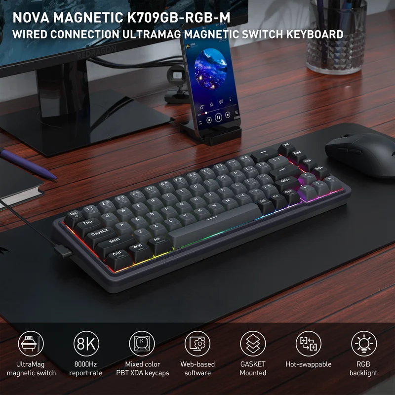 Redragon K709GB Nova Magnetic RGB Hot-Swappable Wired 65% Keyboard with Rapid Trigger (UltraMag Magnetic Linear Switch) (Gray/Black) (K709GB-RGB-M)