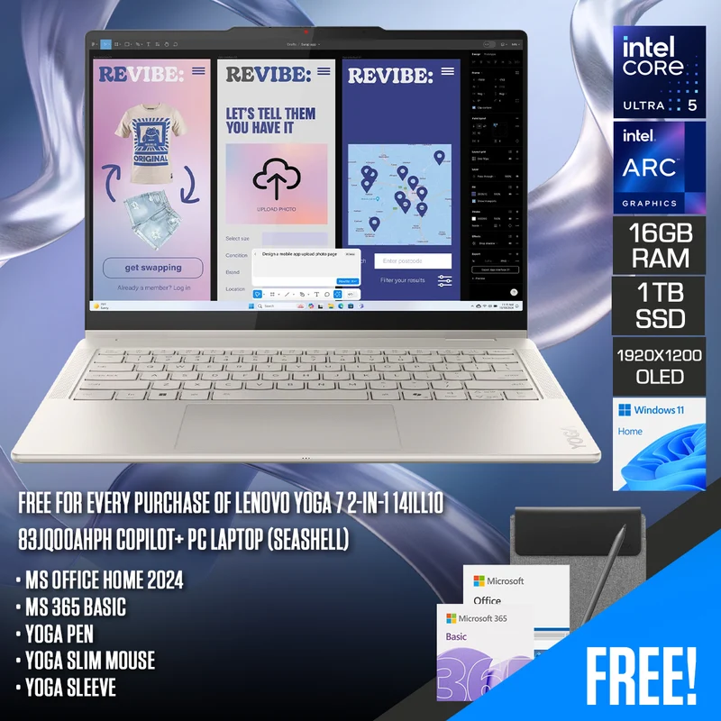 Lenovo Yoga 7 2-in-1 14ILL10 83JQ00AGPH Copilot+ PC Laptop (Seashell) | 14" WUXGA (1920x1200) OLED Touch | Core Ultra 5 226V | 16GB RAM | 1TB SSD | Intel Arc Graphics 130V | Windows 11 Home | MS Office Home 2024 + MS 365 Basic + Pen + Slim Mouse + Sleeve