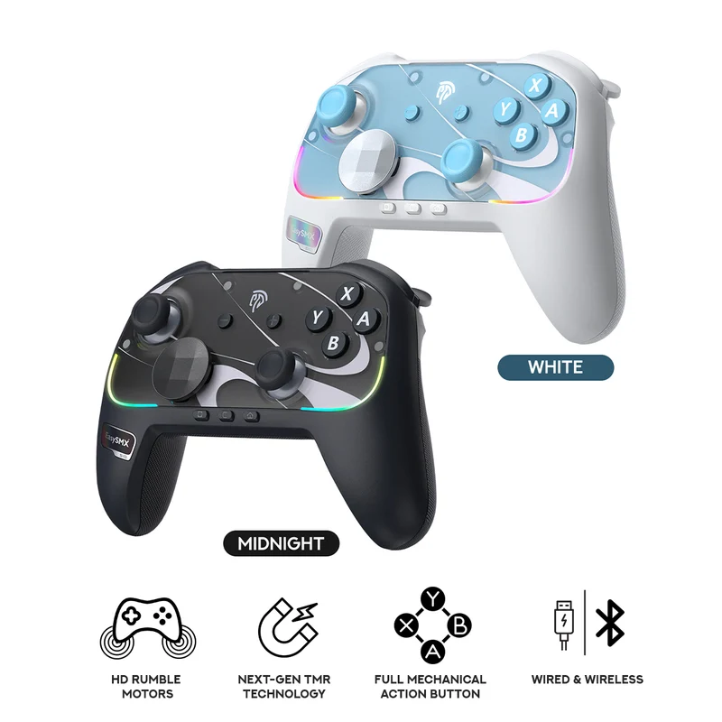 EasySMX S10 Gaming Controller with TMR Sticks, HD Rumble, Swappable D-pad for Nintendo Switch/PC/iOS/Android (Midnight, White)
