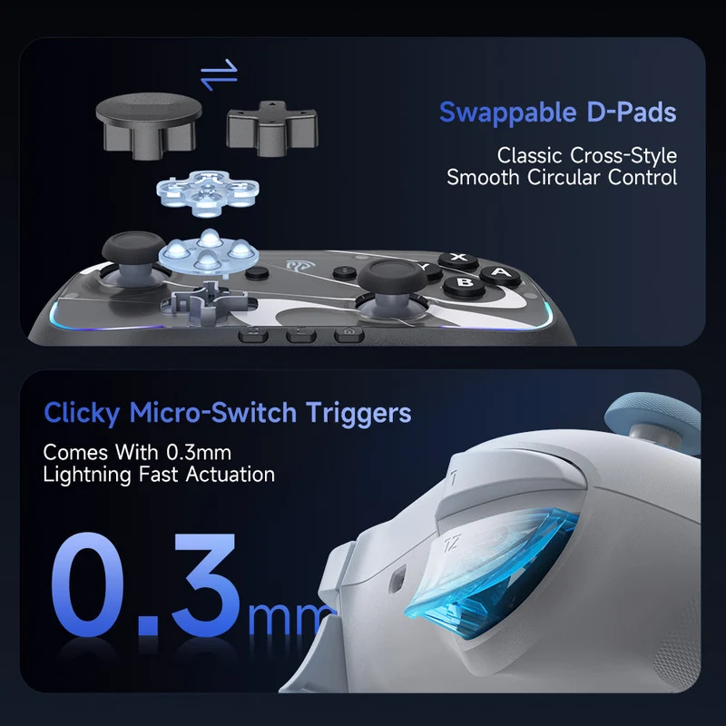 EasySMX S10 Gaming Controller with TMR Sticks, HD Rumble, Swappable D-pad for Nintendo Switch/PC/iOS/Android (Midnight, White)