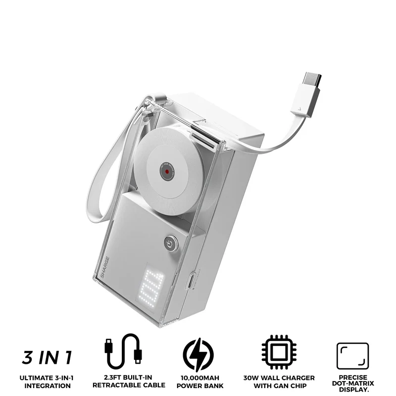 Sharge Retractable 3-in-1 Power Bank & Wall Charger 10000mAh 30W with Built-in USB-C Cable (White) (P7U)