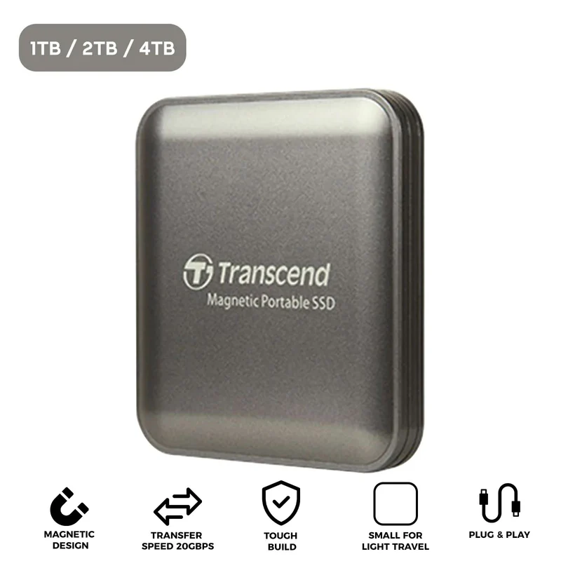 Transcend ESD420 USB 20GBPs 2000MB/s Read & Write Type-C Magnetic Portable SSD (Iron Gray) (1TB, 2TB, 4TB)