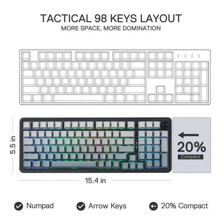 Redragon Eisa Pro 3 Modes 98-Key Hot-Swappable RGB Mechanical Keyboard - Gradient Gray (Leopard Linear Switch) (K686SP-RGB-Pro)