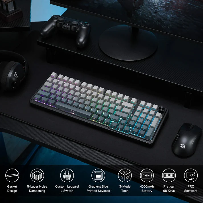 Redragon Eisa Pro 3 Modes 98-Key Hot-Swappable RGB Mechanical Keyboard - Gradient Gray (Leopard Linear Switch) (K686SP-RGB-Pro)