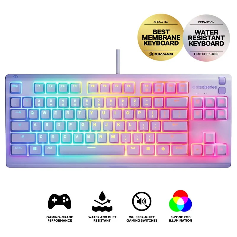 SteelSeries Apex 3 TKL RGB Water & Dust Resistant Whisper Quiet Switches Gaming Keyboard (Lavender) (PN64940)