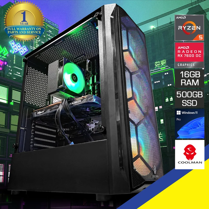 Alpha Aurora Black Desktop Gaming PC | AMD Ryzen 5 5600 | 16GB RAM | 500GB SSD | RX 7600 OC | Windows 11 Pro