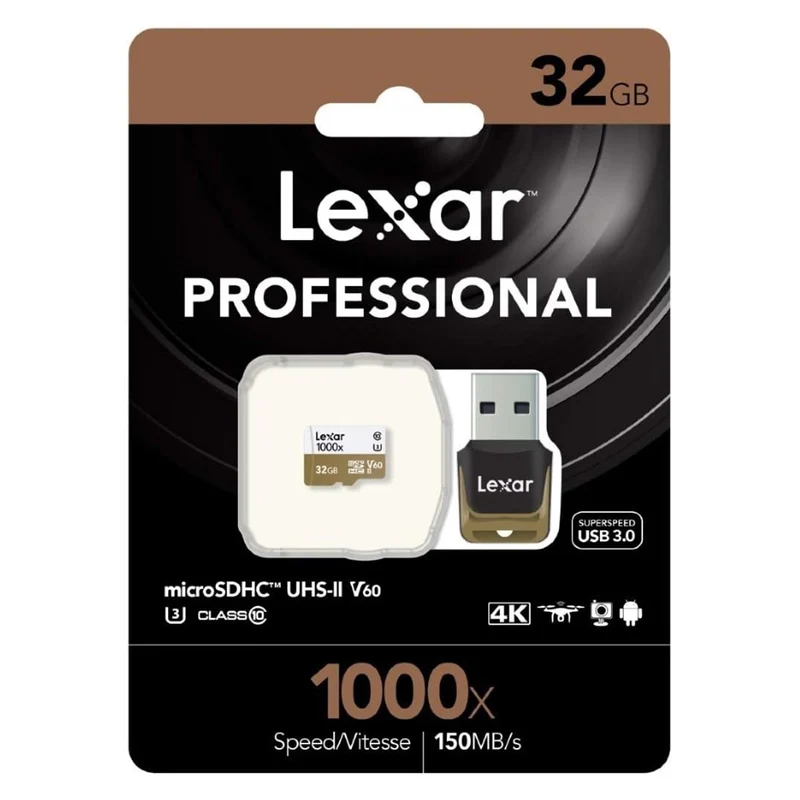 Lexar Professional 1000x 32GB microSDHC UHS-II C10 U3 V60 150MB/s Read Memory Card with Reader (LSDMI32GCBAP1000R)