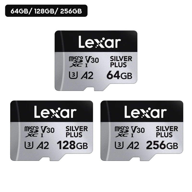 Lexar Professional Silver Plus microSDXC UHS-I C10 U3 V30 A2 205MB/s Read Memory Card (64GB, 128GB, 256GB)