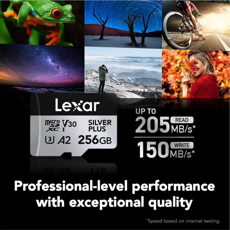Lexar Professional Silver Plus microSDXC UHS-I C10 U3 V30 A2 205MB/s Read Memory Card (64GB, 128GB, 256GB)