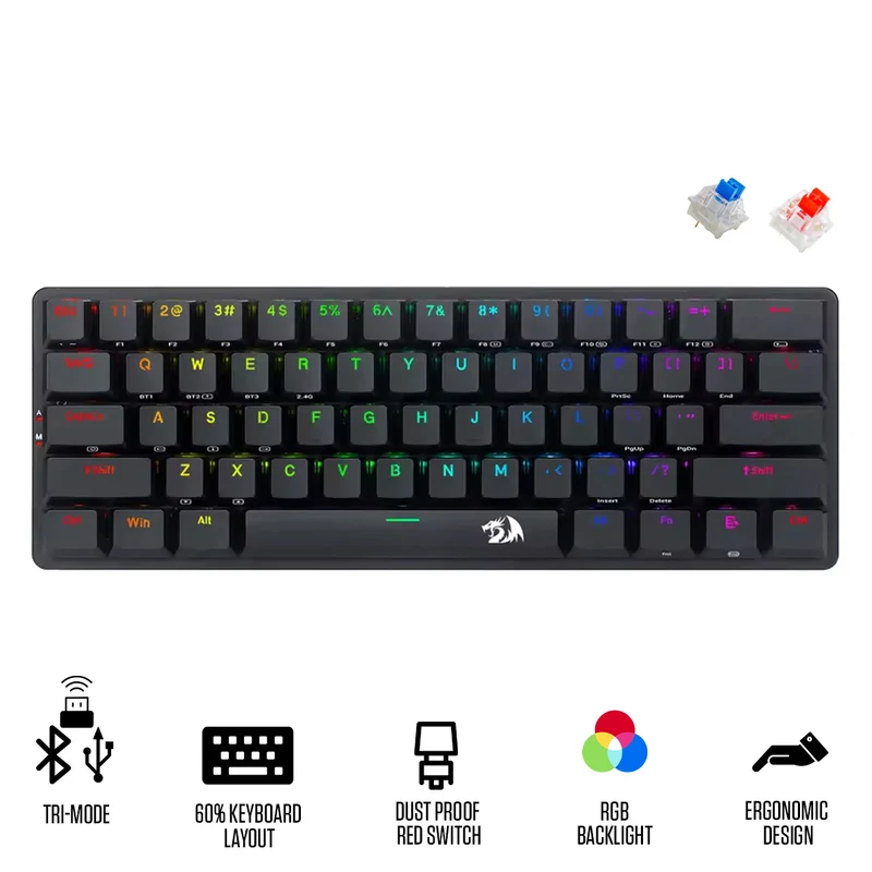 Redragon Elise Pro Tri-Mode RGB 60% Mechanical Gaming Keyboard (K615P-KBS) (Blue Switch, Dust Proof Red Switch)