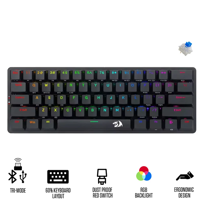Redragon Elise Pro Tri-Mode RGB 60% Mechanical Gaming Keyboard (K615P-KBS) (Blue Switch, Dust Proof Red Switch)