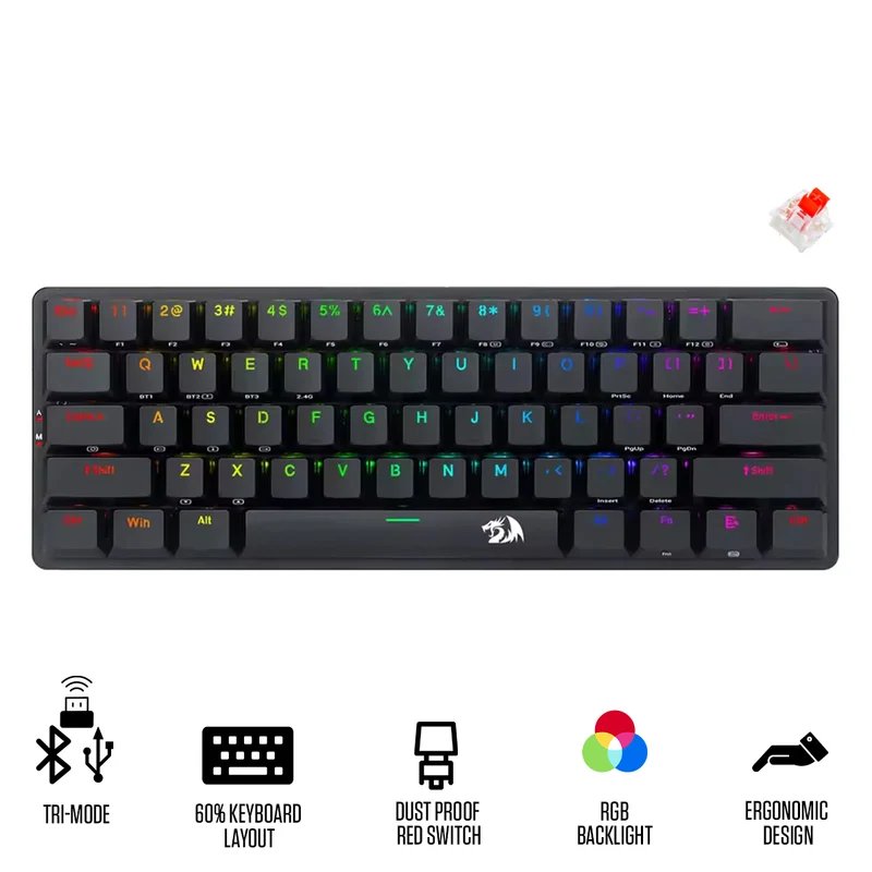 Redragon Elise Pro Tri-Mode RGB 60% Mechanical Gaming Keyboard (K615P-KBS) (Blue Switch, Dust Proof Red Switch)