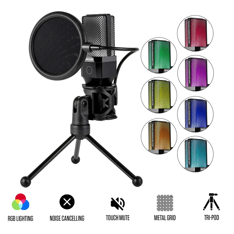 Redragon GM212 Adne RGB USB Streaming Microphone with Pop Filter Tripod (GM212)