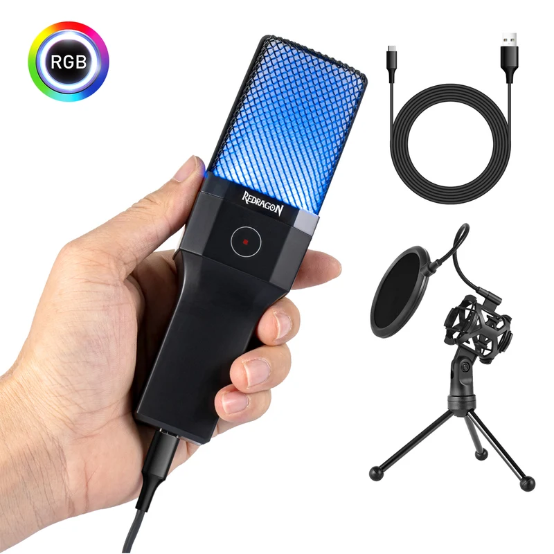Redragon GM212 Adne RGB USB Streaming Microphone with Pop Filter Tripod (GM212)