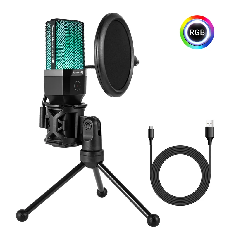 Redragon GM212 Adne RGB USB Streaming Microphone with Pop Filter Tripod (GM212)