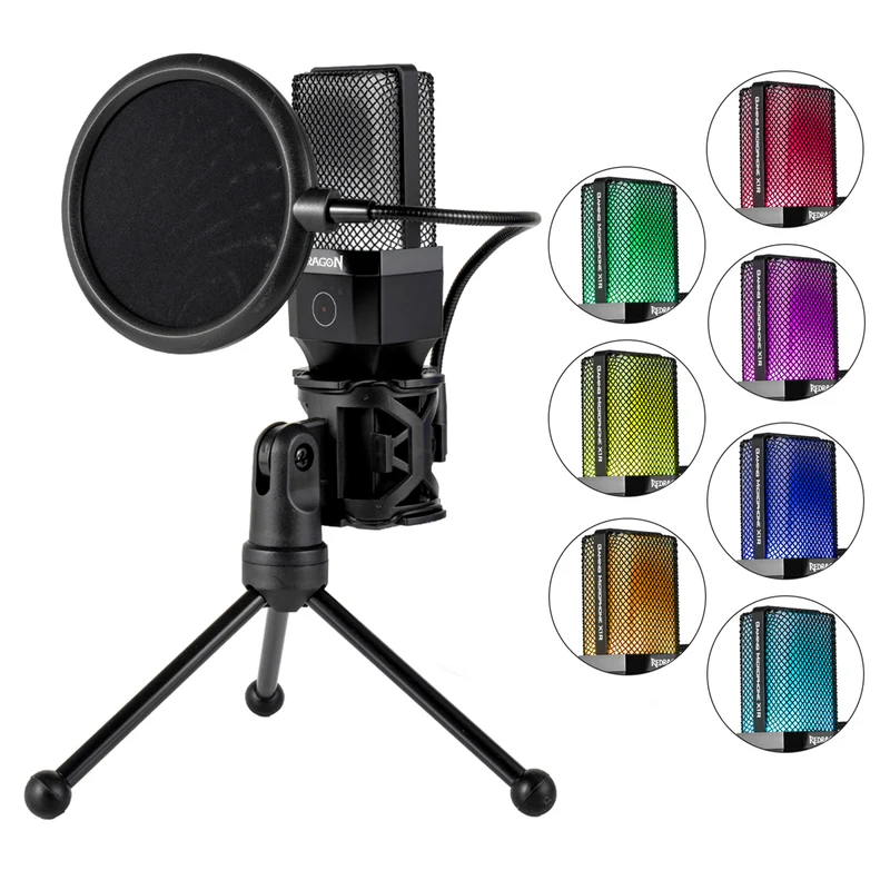 Redragon GM212 Adne RGB USB Streaming Microphone with Pop Filter Tripod (GM212)