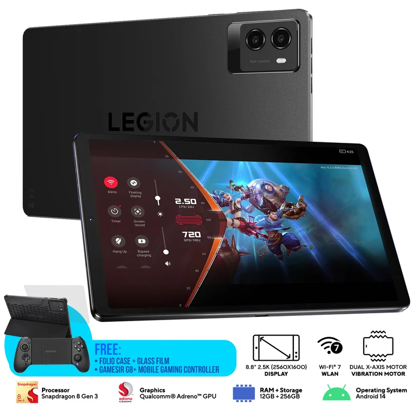 Lenovo Legion Tab ZAEF0080PH Snapdragon 8 Gen 3 8.8" 2.5K (2560 x 1600) 165Hz Touch 12GB+256GB WiFi (Eclipse Black) + Folio Case + Glass Film + GameSir G8+ Bluetooth Mobile Gaming Controller