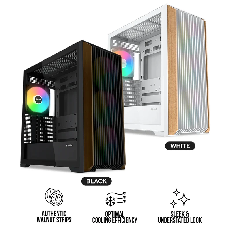 Sama Z60 Mid-Tower with Two Authentic Walnut Strips on Front Panel PC Case (Black, White)