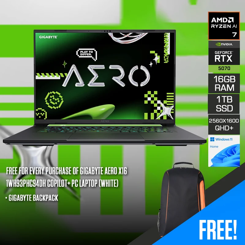 Gigabyte Aero X16 1WH93PHC94DH Copilot+ PC Laptop (White) | 16" QHD+ (2560x1600) 165Hz IPS | Ryzen AI 7 350 | 16GB RAM | 1TB SSD | RTX 5070 8GB | Windows 11 Home | Gigabyte Backpack