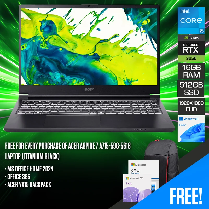Acer Aspire 7 A715-59G-5618 Laptop (Titanium Black) | 15.6" FHD (1920x1080) 144Hz | Core i5-13420H | 16GB RAM | 512GB SSD | RTX 3050 | Windows 11 Home | MS Office Home 2024 + Office 365 + Acer VX15 Backpack