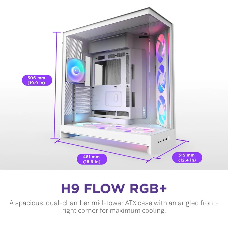 NZXT H9 Flow RGB Large Dual-Chamber Mid-Tower ATX Airflow Case with RGB (Black, White)