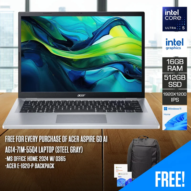 Acer Aspire Go AI AG14-71M-55Q4 Laptop (Steel Gray) | 14" WUXGA (1920x1200) IPS | Core Ultra 5 115U | 16GB RAM | 512GB SSD | Intel Graphics | Windows 11 Home | MS Office Home 2024 w/ O365 + Acer E-1620-P Backpack